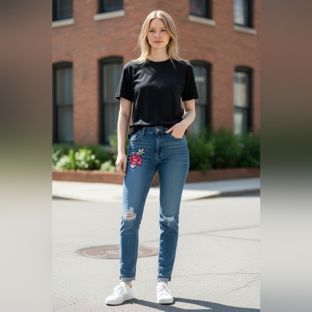 Dollhouse Charley Women's Size 3 Jeans  Blue Denim Ankle Distressed  Rose Patch